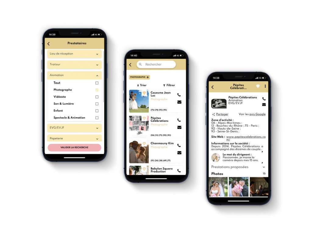 visuel écrans smartphone avec l'application Mariez-Vous ! pour rechercher ses prestataires mariage