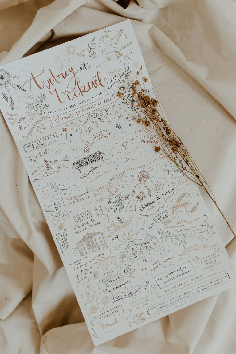 Faire-part de mariage illustré personnalisé pour Audrey et Mickaël, 5 septembre 2020, avec programme détaillé des festivités et cadeaux invités.