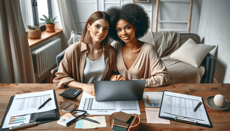 Jeune couple lesbien souriant planifiant budget mariage, regardant ordinateur avec tableur Excel, dans un bureau à domicile moderne et chaleureux, outils financiers visibles, symbolisant gestion budgétaire et partenariat pour planification mariage efficace