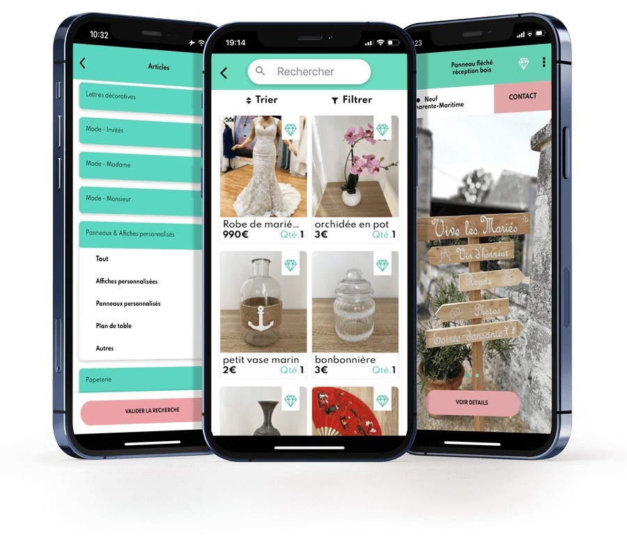 visuels de l'application mobile Mariez-Vous ! pour vendre sa déco de mariage