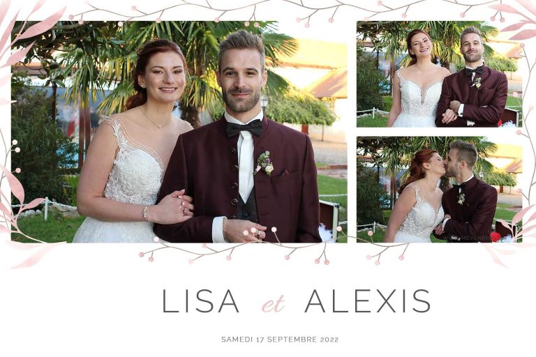 Lisa et Alexis dans différents moments de leur mariage le 17 septembre 2022, entourés de décorations florales.