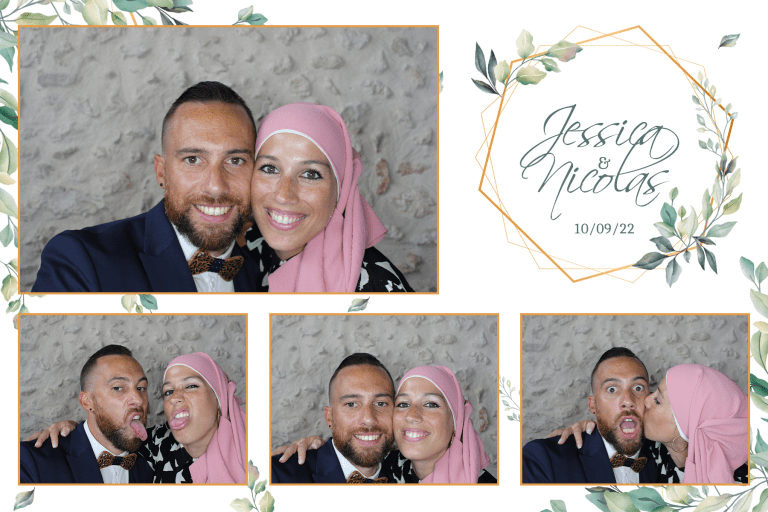 Photos de cabine joyeuses de Jessica et Nicolas avec décor floral et date de mariage.