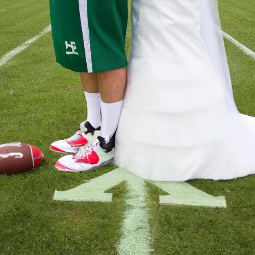Pieds d'un couple de mariés sur un terrain de football, avec chaussures de sport et robe de mariée.