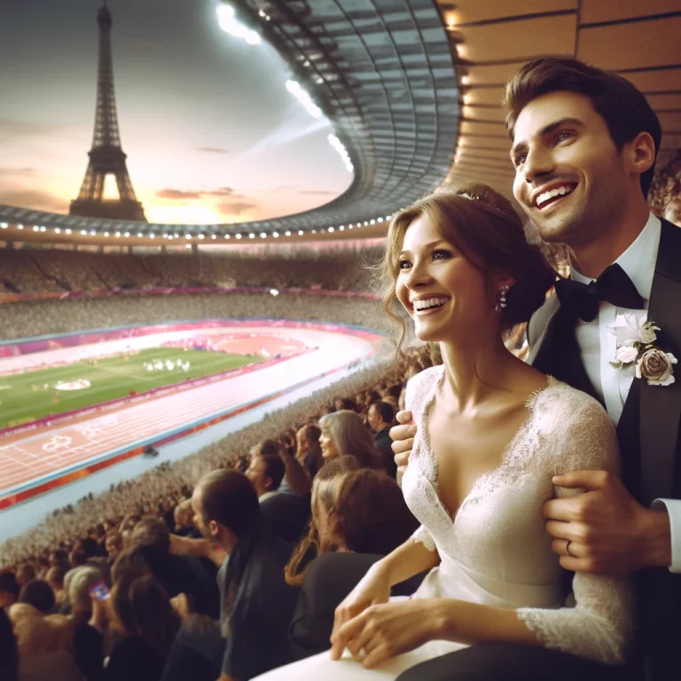 Couple de jeunes mariés en plein élan de joie, entouré de leurs témoins sur un champ au pied de la Tour Eiffel.