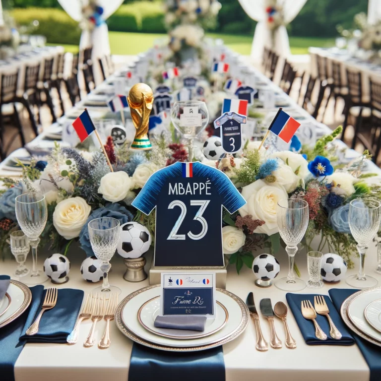 Décoration de table de mariage sur le thème du sport avec des ballons et des trophées.