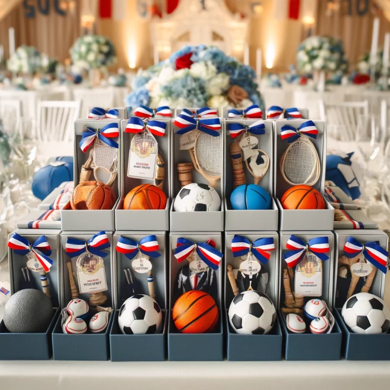 Cadeaux pour invités de mariage sur le thème du sport, avec répliques miniatures d'équipements sportifs