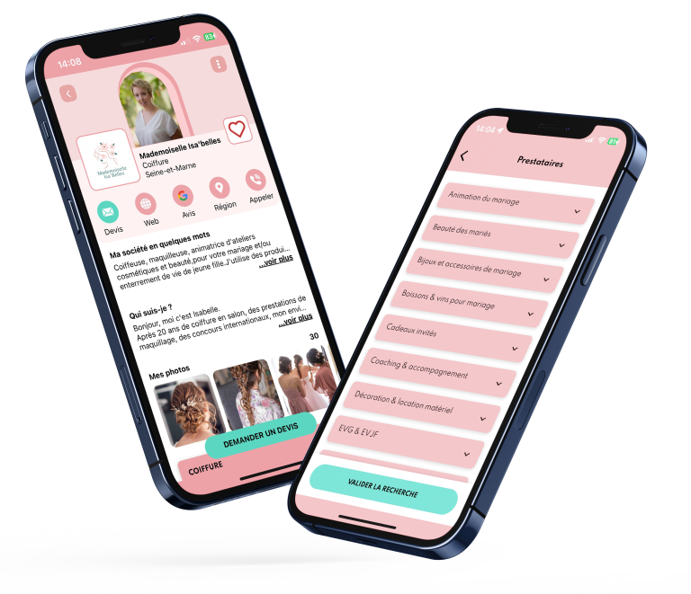 Application mobile de mariage Mariez-Vous ! affichant un annuaire de prestataires et un formulaire de devis pour l'organisation de mariage sur deux smartphones roses inclinés face à face.