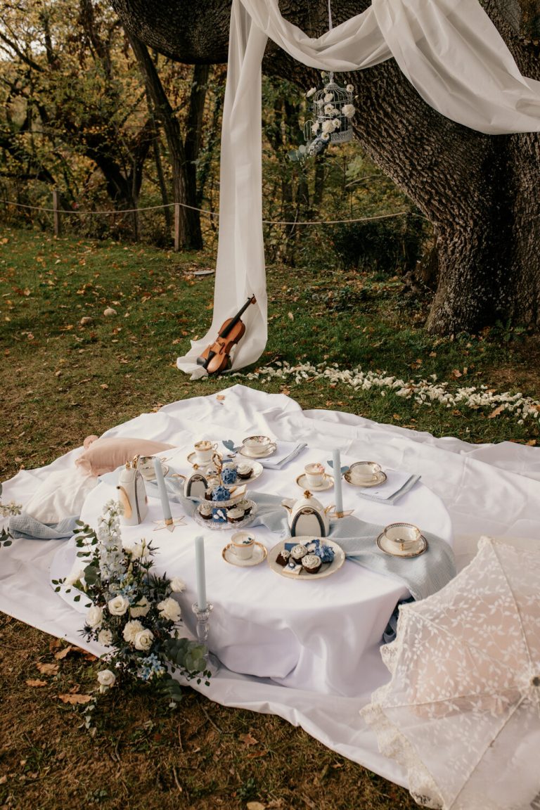 Table de pique-nique de mariage élégante sous un grand arbre avec vaisselle fine et violon.