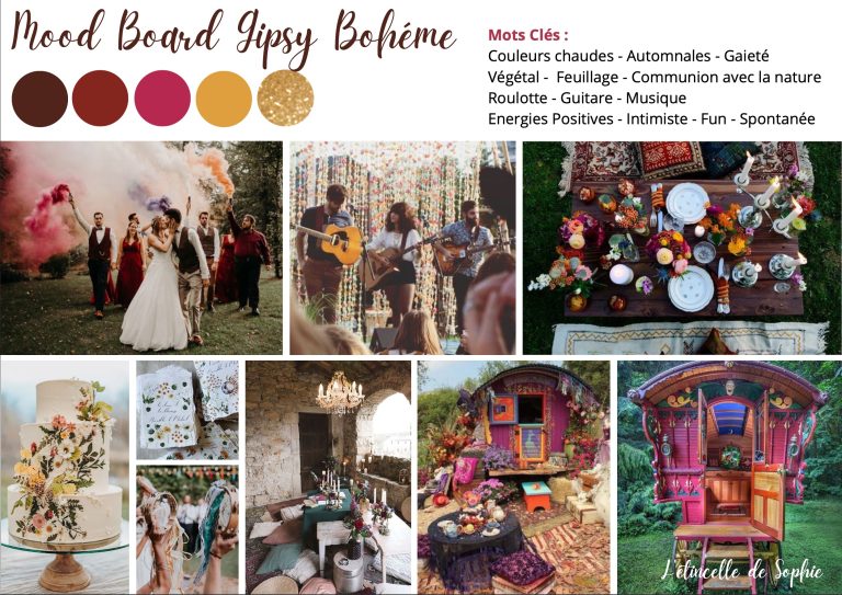 Mood board d'un mariage gypsy bohème avec palette de couleurs et inspirations diverses.