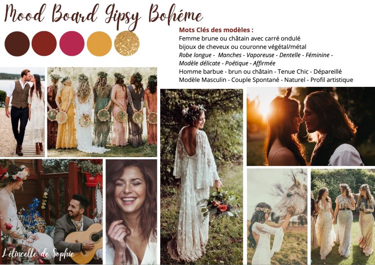 Deuxième mood board pour un mariage gypsy bohème mettant en avant les tenues et les moments.