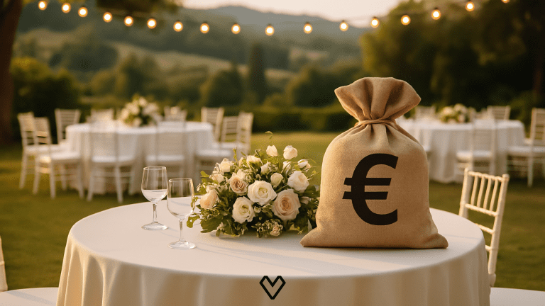 Vue romantique d’un lieu de réception en extérieur décoré pour un mariage, illustrant le budget à prévoir selon le type de lieu
