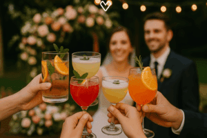 Plusieurs mains trinquent avec des cocktails colorés garnis de fruits et herbes, en arrière-plan un couple de mariés souriants.