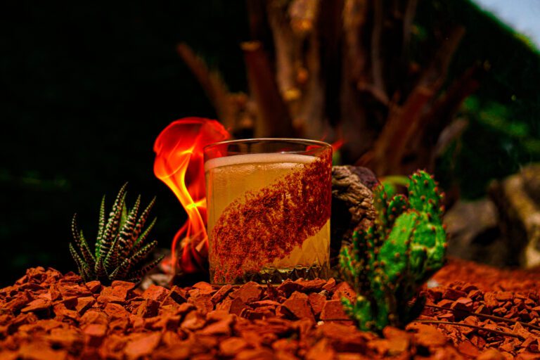 Verre de cocktail épicé posé sur un sol rouge orné de cactus, avec une flamme en arrière-plan, dans un décor inspiré du désert.